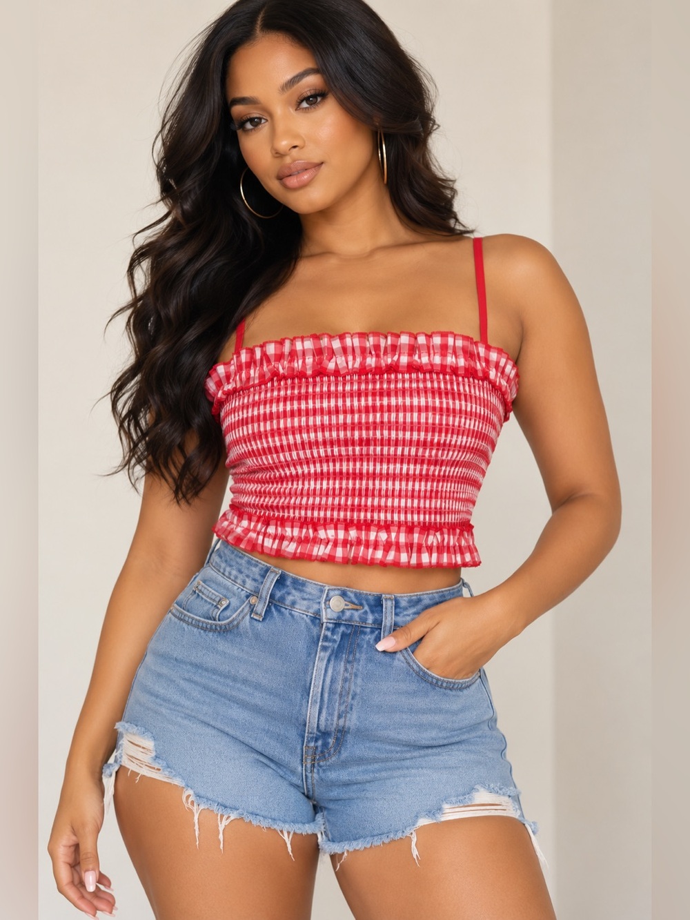 Colsie Red White Gingham Smocked Ruffle Crop Cami Top Cottagecore Coquette